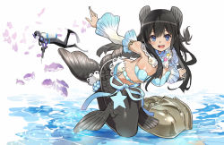 Rule 34 | 1boy, 1girl, :d, black hair, blue eyes, breasts, clam, clam shell, cleavage, commentary request, detached sleeves, diving, diving mask, diving mask on eyes, diving regulator, diving suit, fins, fish, fish tail, goggles, head fins, jewelry, long hair, looking at viewer, mermaid, monster girl, necklace, nyoro (nyoronyoro000), ocean, open mouth, original, oxygen tank, smile, submerged, tail