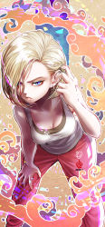 Rule 34 | 1girl, absurdres, android 18, bent over, blonde hair, blue eyes, dragon ball, dragon ball super, ear piercing, earrings, hair behind ear, hand on own knee, highres, hoop earrings, jewelry, kanchiyo, looking at viewer, multicolored background, pants, piercing, pink pants, shirt, short hair, single earring, solo, tank top, white shirt