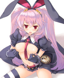 Rule 34 | 1girl, animal ears, bad id, bad pixiv id, belt, blush, breasts, clock, dungeon travelers 2, gloves, headband, lilian craper, long hair, mame-p, necktie, open mouth, panties, pantyshot, pasties, pink hair, rabbit ears, red eyes, skirt, solo, star (symbol), striped clothes, striped thighhighs, tape, tape on nipples, thighhighs, twintails, underwear, very long hair