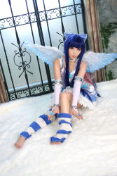 Rule 34 | angel wings, asian, barefoot, bow, brown eyes, cosplay, feet, hair bow, jewelry, panty &amp; stocking with garterbelt, photo (medium), purple hair, spiral cats, stocking (psg), wings