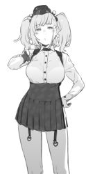 Rule 34 | 1girl, atlanta (kancolle), breasts, cowboy shot, dress shirt, earrings, garrison cap, garter straps, greyscale, hat, high-waist skirt, highres, jewelry, kantai collection, large breasts, long hair, long sleeves, looking at viewer, monochrome, shirt, simple background, skirt, solo, standing, star (symbol), star earrings, suspender skirt, suspenders, two side up, uyama hajime