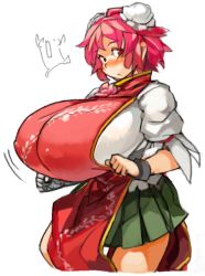 Rule 34 | 1girl, alternate breast size, bandaged arm, bandages, blush, bouncing breasts, breasts, bun cover, covered erect nipples, cuffs, flower, gigantic breasts, green skirt, ibaraki kasen, perky breasts, pink eyes, pink hair, pleated skirt, puffy short sleeves, puffy sleeves, rose, sachito, shackles, short hair, short sleeves, simple background, skirt, solo, tabard, touhou, white background