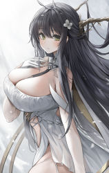 Rule 34 | 1girl, absurdres, antlers, azur lane, bare shoulders, between breasts, black hair, black necktie, blush, breasts, cleavage, collar, detached collar, detached sleeves, dress, flower, gloves, green eyes, hair flower, hair intakes, hair ornament, half gloves, highres, horns, huge breasts, indomitable (azur lane), long hair, looking at viewer, necktie, necktie between breasts, parted lips, revealing clothes, rigging, sidelocks, solo, thighhighs, white collar, white dress, white gloves, white thighhighs, yuki (asayuki101)