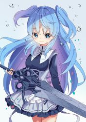Rule 34 | 1girl, arami o 8, blue eyes, blue hair, chtholly nota seniorious, dress, holding, holding sword, holding weapon, long hair, long sleeves, looking at viewer, shuumatsu nani shitemasu ka?, simple background, smile, solo, standing, sword, tears, textless version, two side up, weapon