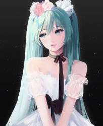 Rule 34 | 1girl, aqua eyes, aqua hair, bad id, bad pixiv id, ballerina, bare shoulders, black background, black bow, black ribbon, bow, bowtie, commentary, detached sleeves, dress, expressionless, flower, frilled sleeves, frills, hair flower, hair ornament, hatsune miku, highres, korean commentary, lips, long hair, looking to the side, miku with you (vocaloid), neck ribbon, own hands together, parted lips, puffy sleeves, ribbon, see-through, see-through sleeves, short sleeves, solo, strapless, strapless dress, take heart7, twintails, upper body, very long hair, vocaloid, white dress