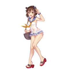 Rule 34 | 1girl, bag, bare shoulders, blush, brown eyes, brown hair, collarbone, commentary request, covered navel, frilled swimsuit, frills, hair between eyes, headgear, headset, highres, kantai collection, looking at viewer, navel, neckerchief, nemo (leafnight), one-piece swimsuit, open mouth, sailor collar, sandals, shoes, short hair, shoulder bag, simple background, smile, solo, speaking tube headset, swimsuit, white background, yellow neckerchief, yukikaze (kancolle)
