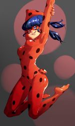 Rule 34 | 1girl, arms up, blue eyes, blue hair, bodysuit, breasts, covered erect nipples, domino mask, earrings, artistic error, full body, grin, highres, jewelry, jumping, ladybug (character), long hair, low twintails, magical girl, marinette dupain-cheng, mask, matching hair/eyes, miraculous ladybug, polka dot, smile, solo, twintails, yabby, yo-yo