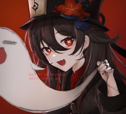 1girl, bangs, black headwear, black nails, brown hair, chinese clothes, flower, flower-shaped pupils, genshin impact, hat, hat flower, highres, hu tao, jewelry, long hair, looking at viewer, nail polish, nemui iro7, red eyes, ring, smile, solo, symbol-shaped pupils, upper body