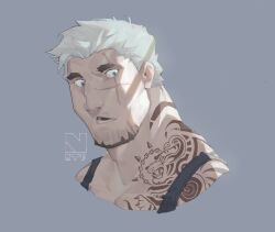 Rule 34 | 1boy, arknights, black tank top, coffeedemise, cropped shoulders, facial hair, goatee, humanization, male focus, mature male, mountain (arknights), muscular, muscular male, neck tattoo, open mouth, scar, scar across eye, scar on face, solo, tank top, tattoo, thick eyebrows, white hair