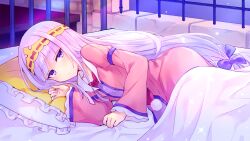 Rule 34 | 1girl, aurora sya lis kaymin, blunt bangs, bow, closed mouth, collarbone, e (eokiba), frilled pillow, frills, hair bow, highres, long hair, long sleeves, looking at viewer, low-tied long hair, lying, maou-jou de oyasumi, on bed, on side, pajamas, pillow, pink pajamas, pom pom (clothes), purple bow, purple eyes, purple hair, red bow, solo, tiara, under covers, very long hair, wide sleeves
