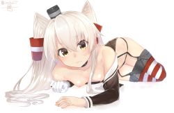 Rule 34 | 10s, 1girl, amatsukaze (kancolle), black panties, breasts, breasts out, collarbone, garter straps, gloves, hagirussia (sanyanyanya), hair between eyes, hair tubes, isshiki (ffmania7), kantai collection, long hair, long sleeves, looking at viewer, lying, nipples, off shoulder, on side, panties, simple background, single glove, solo, striped clothes, striped thighhighs, thighhighs, third-party edit, twitter username, underwear, white background, white hair, yellow eyes