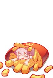 Rule 34 | 1girl, blush, chibi, closed eyes, commentary, company logo, food, french fries, fujiwara no mokou, highres, jokanhiyou, long hair, mcdonald&#039;s, mini person, minigirl, no nose, open mouth, outstretched arms, pink hair, puffy short sleeves, puffy sleeves, shirt, short sleeves, sidelocks, smile, solo, symbol-only commentary, touhou, upper body, white shirt