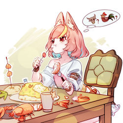 Rule 34 | 1girl, :t, animal ear fluff, animal ears, blonde hair, blue hair, cat ears, chair, closed mouth, eating, fork, highres, holding, holding fork, lingxia, lobster, looking away, original, pink hair, red eyes, shirt, short hair, single bare shoulder, solo, spoken animal, table, thought bubble, white shirt