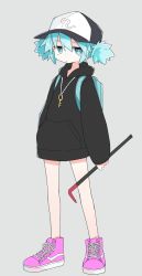 Rule 34 | 1girl, alternate hairstyle, asameshi, backpack, bag, baseball cap, black hat, black hoodie, blue eyes, blue hair, bright pupils, casual, commentary, contemporary, cross-laced footwear, crowbar, full body, grey background, hat, holding, hood, hoodie, jitome, kawashiro nitori, key, long sleeves, looking at viewer, pink footwear, shoes, short hair, short twintails, simple background, sneakers, solo, touhou, twintails, white pupils