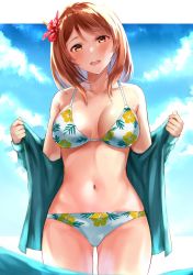 Rule 34 | 1girl, :d, bikini, blush, breasts, brown eyes, brown hair, day, floral print, flower, hair flower, hair ornament, highres, hojo karen, idolmaster, idolmaster cinderella girls, large breasts, looking at viewer, navel, open mouth, outdoors, parted bangs, sg (esujii), smile, solo, stomach, swimsuit, thighs, undressing, wading, white bikini