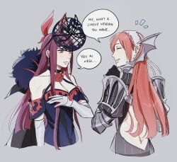 Rule 34 | 2girls, armor, bare shoulders, breasts, cherche (fire emblem), cleavage, closed eyes, dress, elbow gloves, fascinator, female focus, fire emblem, fire emblem awakening, fire emblem engage, flower, gloves, hair ornament, hairband, highres, ivy (fire emblem), jewelry, large breasts, long hair, matching hair/eyes, mole, mole under mouth, multiple girls, nintendo, open mouth, oratoza, pink hair, purple eyes, purple hair, simple background, smile, trait connection, weapon, white gloves