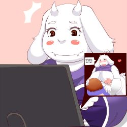 Rule 34 | 1girl, breasts, brown eyes, brown hair, computer, english text, female focus, grape jelly (artist), horns, open mouth, sheep, short hair, simple background, single horn, solo, surprised, toriel, translation request, undertale, upper body