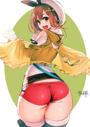 Rule 34 | 1girl, ass, atelier (series), atelier ryza, atelier ryza 1, belt, brown hair, clothing cutout, green background, hair ornament, hairclip, hat, kawakami masaki, looking at viewer, red shorts, reisalin stout, short shorts, shorts, shoulder cutout, solo, thick thighs, thighhighs, thighs, white background, white hat, wide hips