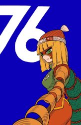 Rule 34 | 1girl, arms (game), beanie, blonde hair, blue background, bob cut, domino mask, from side, green eyes, hachinos ssb, hat, highres, mask, min min (arms), short hair, solo