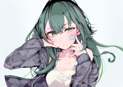 Rule 34 | 1girl, absurdres, black jacket, blush, breasts, cleavage, collarbone, gakuen idolmaster, green eyes, green hair, hair between eyes, highres, idolmaster, jacket, long hair, long sleeves, looking at viewer, medium breasts, open clothes, open jacket, simple background, solo, sticker on face, tsukimura temari, upper body, very long hair, white background, woshinon
