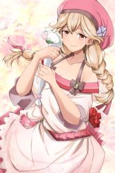 Rule 34 | 1girl, bare shoulders, belt, bouquet, braid, breasts, brown eyes, brown hair, cleavage, collarbone, dress, faye (fire emblem), fire emblem, fire emblem echoes: shadows of valentia, fire emblem heroes, flipped hair, flower, hat, highres, light brown hair, long hair, low-braided long hair, low-tied long hair, medium breasts, multicolored background, nintendo, official alternate costume, pink dress, pink hat, short sleeves, simple background, smile, solo, toshimasa, twin braids, upper body