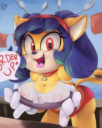 Rule 34 | 1girl, absurdres, animal ears, bare shoulders, black hair, breasts, cat ears, cat tail, cleavage, collar, english text, fangs, female focus, fork, furry, furry female, gloves, hair ornament, hairband, hands up, hawtmoon, heart, highres, holding, holding with tail, honey the cat, hooters, large breasts, open mouth, prehensile tail, red eyes, red shorts, shirt, short hair, short shorts, shorts, signature, sleeveless, sleeveless shirt, smile, solo, sonic (series), spaghetti strap, speech bubble, spoken heart, spoon, strap slip, tail, talking, teeth, text focus, tongue, tongue out, white gloves, white shirt