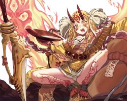 Rule 34 | 1girl, alcohol, artist name, bare shoulders, blonde hair, blush, bodypaint, breasts, collarbone, commentary request, cup, dress, facial mark, fangs, fate/grand order, fate (series), feet, fingernails, forehead, gourd, horns, ibaraki douji (fate), japanese clothes, kimono, leg tattoo, long fingernails, long hair, long sleeves, looking at viewer, multicolored hair, neck tattoo, obi, off-shoulder dress, off shoulder, ofuda, oni, oni horns, open mouth, panties, pantyshot, planted sword, planted, pointy ears, sakazuki, sake, sash, sharp fingernails, sharp teeth, shoulder tattoo, sitting, sjh, slit pupils, small breasts, solo, squatting, sword, talons, tassel, tattoo, teeth, thick eyebrows, two-tone hair, underwear, very long hair, weapon, whisker markings, white hair, white panties, wide sleeves, yellow eyes, yellow kimono