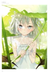 Rule 34 | 1girl, absurdres, bare shoulders, blue eyes, dress, highres, looking at viewer, parted lips, rurudo, scan, white dress