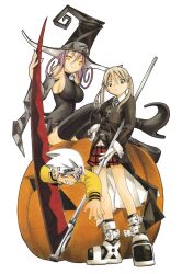 Rule 34 | 1boy, 2girls, blair (soul eater), blonde hair, boots, green eyes, hair over one eye, hat, headband, maka albarn, multiple girls, official art, ohkubo atsushi, pumpkin, purple hair, red eyes, scythe, simple background, soul evans, twintails, white background, white hair, witch, witch hat, yellow eyes