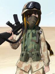 Rule 34 | 1girl, absurdres, artist name, assault rifle, braid, camouflage, cowboy shot, desert, desert camouflage, eyepatch, gamryous, girls&#039; frontline, goggles, goggles on headwear, gun, hat, highres, holding, holding gun, holding weapon, long hair, long sleeves, looking at viewer, m16, m16a1 (girls&#039; frontline), mask, military hat, military uniform, mole, mole under eye, multicolored hair, orange hair, outdoors, rifle, scar, solo, streaked hair, uniform, weapon