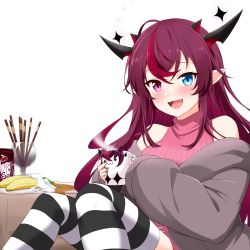 Rule 34 | 1girl, :d, absurdres, alternate costume, bare shoulders, black thighhighs, blue eyes, blush, casual, cup, demon girl, diamond-shaped pupils, diamond (shape), fangs, felutiahime, heterochromia, highres, holding, holding cup, hololive, hololive english, horns, irys (hololive), long hair, looking at viewer, mug, multicolored hair, open mouth, pink eyes, pink sweater, pointy ears, red hair, sitting, sleeveless, sleeveless turtleneck, smile, solo, striped clothes, striped legwear, striped thighhighs, sweater, symbol-shaped pupils, thighhighs, turtleneck, two-tone legwear, v-shaped eyebrows, virtual youtuber, white legwear