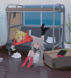 Rule 34 | 2girls, ahoge, antenna hair, ass, bed, black sailor collar, black socks, blonde hair, blush, bottomless, box, bunk bed, cardboard box, character request, chrogire/girection, commentary request, controller, couch, fang, feet up, game console, game controller, grey hair, handheld game console, hands under legs, highres, holding, holding controller, holding game controller, indoors, knees up, kokaki mumose, long sleeves, looking at viewer, lying, moneko (null-meta), multiple girls, natsuka (chrogire), neck ribbon, nintendo switch, on couch, on stomach, open mouth, plant, playstation 1, pointy ears, potted plant, red eyes, red ribbon, red socks, reflective floor, ribbon, sailor collar, school uniform, serafuku, shirt, smile, socks, white shirt, window, wooden floor