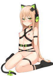 Rule 34 | 1girl, animal ear headphones, animal ears, bad id, bad pixiv id, black choker, black socks, blush, breasts, canape (canape0130), cat ear headphones, cat ears, cat girl, cat tail, character name, choker, closed mouth, collarbone, commentary, fake animal ears, full body, girls&#039; frontline, green eyes, groin, hair between eyes, headphones, light brown hair, long hair, looking at viewer, navel, nipples, no shoes, nude, simple background, sitting, skindentation, small breasts, socks, solo, sweat, tail, thigh strap, tmp (girls&#039; frontline), very long hair, wariza, white background
