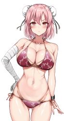 Rule 34 | 1girl, :&lt;, absurdres, alternate costume, amagi (amagi626), bandaged arm, bandages, bare shoulders, bikini, blush, breasts, chain, cleavage, collarbone, commentary request, cuffs, double bun, hair bun, hand on own hip, highres, ibaraki kasen, large breasts, looking at viewer, navel, one-piece swimsuit, pink eyes, pink hair, purple one-piece swimsuit, red bikini, shackles, short hair, simple background, solo, standing, stomach, swimsuit, thighs, thong, touhou, v-shaped eyebrows, vine print, white background