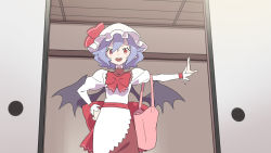 Rule 34 | 1girl, arm up, bag, belt, blush, bow, bowtie, commentary request, door, dress, hair between eyes, hand on own hip, hand up, hat, hat ribbon, highres, kawayabug, long sleeves, looking to the side, mob cap, open mouth, pink bag, puffy sleeves, purple hair, red belt, red bow, red bowtie, red eyes, red ribbon, remilia scarlet, ribbon, short hair, smile, solo, standing, teeth, touhou, wall, white dress, white hat, white sleeves, wings