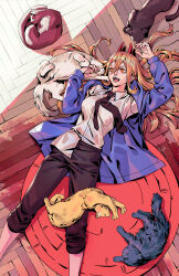 Rule 34 | 1girl, black necktie, black pants, blue coat, cat, chainsaw man, coat, collared shirt, crosshair pupils, feet out of frame, highres, horns, irahi, long hair, lying, meowy (chainsaw man), necktie, on back, open mouth, pants, power (chainsaw man), sharp teeth, shirt, teeth, tongue, white shirt, yellow eyes