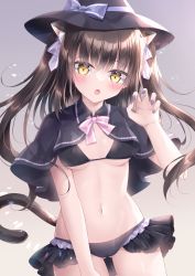 Rule 34 | 1girl, :o, animal ear fluff, animal ears, bikini, bikini under clothes, black bikini, black capelet, black hat, blue bow, blush, bow, breasts, brown background, brown hair, capelet, cat ears, cat girl, cat tail, claw pose, commentary request, fang, frilled bikini, frills, gradient background, grey background, hair between eyes, hair bow, hand up, hat, hat bow, highres, kohinata hoshimi, long hair, looking at viewer, medium breasts, nail polish, navel, open mouth, original, pink bow, purple nails, solo, swimsuit, tail, two side up, very long hair, witch hat, yellow eyes