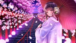 Rule 34 | 1girl, amagi shino, bad id, bad pixiv id, cherry blossoms, flower, from behind, gradient sky, hair flower, hair ornament, holding, holding umbrella, japanese clothes, kimono, lights, looking at viewer, official art, oil-paper umbrella, original, purple sky, railing, short hair, shrine, sky, smile, solo, stairs, tree, uchikake, umbrella