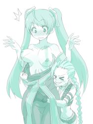 Rule 34 | assisted exposure, braid, breasts, fingerless gloves, gloves, green theme, jinx (league of legends), league of legends, long hair, monochrome, mori shin risuku, multiple girls, nipples, sona (league of legends), tattoo, twin braids, twintails, very long hair