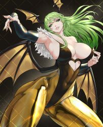 Rule 34 | 1girl, bare shoulders, black leotard, breasts, cleavage, clothing cutout, elbow gloves, fingernails, fur-trimmed leotard, fur trim, gabriel carrasquillo, gloves, green eyes, green hair, head wings, heart cutout, highres, large breasts, leotard, long fingernails, looking at viewer, morrigan aensland, pantyhose, smile, solo, strapless, strapless leotard, thick thighs, thighs, vampire (game), wings, yellow nails, yellow pantyhose
