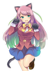 Rule 34 | 10s, 1girl, animal ears, animal hands, aqua eyes, blazer, boots, bow, cat ears, cat tail, cross-laced footwear, gloves, hashimoto nyaa, highres, jacket, lace-up boots, long hair, mako dai ni-dai, multicolored hair, osomatsu-san, paw gloves, paw pose, pink hair, pleated skirt, ribbon, school uniform, simple background, skirt, solo, standing, streaked hair, tail, white background, yellow ribbon