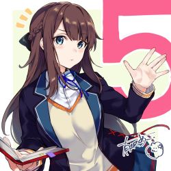 Rule 34 | 1girl, arisaka ako, beige sweater, blue ribbon, book, jacket, lack girl, looking at viewer, neck ribbon, numbered, open clothes, open jacket, open palms, parted bangs, ribbon, ritsu (lack girl), signature