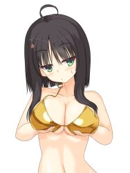 Rule 34 | 1girl, :/, ahoge, alternate costume, bare arms, bikini, black hair, blunt ends, blush, breast lift, breasts, cleavage, closed mouth, collarbone, commentary request, curvy, eyes visible through hair, frown, gold bikini, green eyes, hair between eyes, hair ornament, hairclip, halterneck, hands up, highres, hitachi mako, large breasts, looking to the side, midriff, navel, senren banka, shirayamakoma, short hair with long locks, shy, simple background, skindentation, solo, sweatdrop, swimsuit, tsurime, upper body, white background, x hair ornament