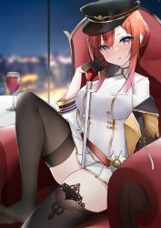 Rule 34 | 1girl, absurdres, armchair, azur lane, black gloves, black hat, black thighhighs, blush, breasts, chair, closed mouth, cup, drinking glass, gloves, hat, highres, knee up, long hair, looking at viewer, medium breasts, monarch (azur lane), peaked cap, purple eyes, red hair, simple background, sitting, skirt, solo, table, thighhighs, thighs, uniform, white skirt, wine glass, yanwulazy