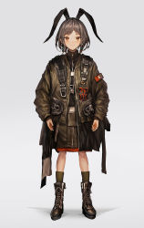 Rule 34 | 1girl, animal ears, arms at sides, boots, brown eyes, commentary, cross-laced footwear, earrings, emblem, fake animal ears, full body, green socks, grey background, grey hair, highres, jacket, jewelry, lm7 (op-center), long sleeves, looking at viewer, military jacket, original, rabbit ears, short hair, simple background, skirt, socks, solo, standing, turtleneck, unzipped, zipper