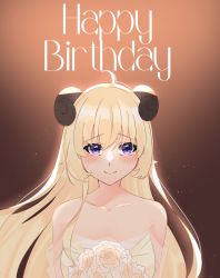 Rule 34 | 1girl, absurdres, ahoge, airani iofifteen (artist), bare shoulders, blonde hair, blush, bouquet, collarbone, dress, english text, floating hair, flower, happy birthday, highres, hololive, horns, long hair, looking at viewer, purple eyes, see-through, see-through sleeves, sheep girl, sheep horns, smile, solo, tsunomaki watame, virtual youtuber, wedding dress, white dress