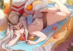 Rule 34 | 1girl, ass, back, ball, bare back, beach, blanket, breast press, breasts, day, feet up, food, grey hair, head rest, horns, long hair, long tongue, looking at viewer, lotion, medium breasts, merunyaa, original, outdoors, pointy ears, ponytail, popsicle, prehensile tail, sand, scales, seashell, shade, shell, solo, starfish, sunscreen, swimsuit, tail, tongue, volleyball, volleyball (object), yellow eyes