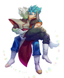 Rule 34 | 2boys, blue eyes, blue hair, blush, boots, colored skin, commission, dougi, dragon ball, dragon ball super, earrings, full body, fused zamasu, fusion, gloves, green skin, holding hands, hand on another&#039;s head, highres, interlocked fingers, jewelry, long sleeves, looking at another, male focus, multiple boys, muscular, muscular male, pointy ears, potara earrings, ring, short hair, sitting, sitting on lap, sitting on person, smile, spiked hair, super saiyan, super saiyan blue, tarutobi, vegetto, white gloves, white hair, yaoi, zamasu