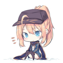 Rule 34 | 10s, 1girl, artoria pendragon (fate), beni shake, black hat, black legwear, blonde hair, blue eyes, blue jacket, blue scarf, blush, chibi, closed mouth, commentary request, fate/extella, fate/extra, fate/grand order, fate (series), flat cap, full body, hair between eyes, hair through headwear, hat, high ponytail, jacket, long hair, long sleeves, looking at viewer, lowres, mysterious heroine x (fate), open clothes, open jacket, ponytail, rojiura satsuki: chapter heroine sanctuary, scarf, shirt, sitting, solo, track jacket, white background, white shirt