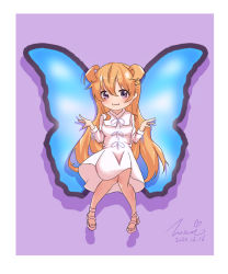 Rule 34 | 1girl, absurdres, artist name, artist request, bare legs, barefoot, barefoot sandals (jewelry), blue ribbon, blue wings, blush, bow, breasts, brown footwear, brown hair, butterfly (love live!), butterfly wings, cat smile, collared dress, double bun, dress, dress bow, feet, female focus, full body, hair between eyes, hair bun, hair rings, highres, insect wings, konoe kanata, long hair, long sleeves, looking at viewer, love live!, love live! nijigasaki high school idol club, love live! school idol festival, miniskirt, neck ribbon, parted lips, plaid, plaid dress, plaid skirt, pleated, pleated dress, pleated skirt, puffy long sleeves, puffy sleeves, purple background, purple eyes, ribbon, sandals, skirt, small breasts, smile, solo, standing, two side up, white dress, white skirt, wings